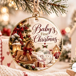 Peut inclure: Une d&eacute;coration de No&euml;l ronde en c&eacute;ramique avec un bord dor&eacute;, illustr&eacute;e d'un cheval &agrave; bascule en bois, d'une lanterne et de cadeaux. L'inscription 'Baby's First Christmas' est &eacute;crite en lettres cursives rouge fonc&eacute;. Suspendue par une ficelle.