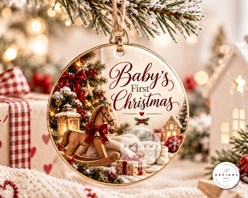 Peut inclure: Une d&eacute;coration de No&euml;l ronde en c&eacute;ramique avec un bord dor&eacute;, illustr&eacute;e d'un cheval &agrave; bascule en bois, d'une lanterne et de cadeaux. L'inscription 'Baby's First Christmas' est &eacute;crite en lettres cursives rouge fonc&eacute;. Suspendue par une ficelle.