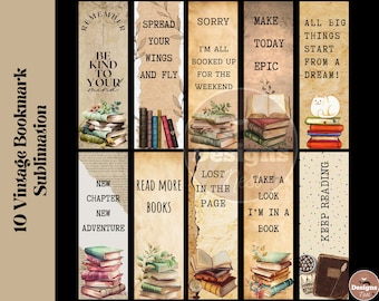 Vintage Bookmark Sublimation Designs, Watercolor bookmark PNG, Printable Bookmark Wrap Template, Cute bookmarks, book lovers bookmark set
