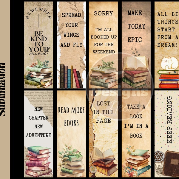 Vintage Bookmark Sublimation Designs, Watercolor bookmark PNG, Printable Bookmark Wrap Template, Cute bookmarks, book lovers bookmark set