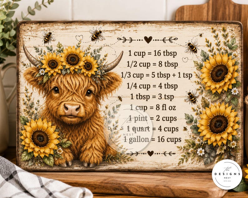 K&ouml;nnte beinhalten: Ein rechteckiges Schild mit einem flauschigen braunen Hochlandrind mit Sonnenblumenkranz, umgeben von Sonnenblumen und Bienen. Das Schild zeigt K&uuml;chen-Umrechnungstabellen, wie 1 cup entspricht 16 tbsp und 1 gallon entspricht 16 cups, in schwarzer Schrift auf hellem Holzmaserungshintergrund.