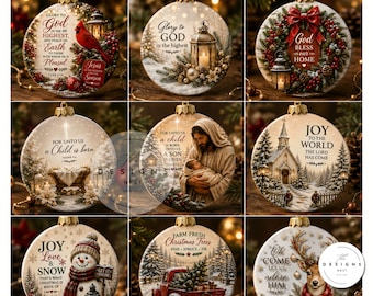 Peut inclure: Un ensemble de neuf décorations de Noël rondes en céramique illustrant diverses scènes festives, notamment un cardinal, une lanterne, une couronne, une crèche, une église, un bonhomme de neige, un camion rouge et un cerf, avec des textes religieux.