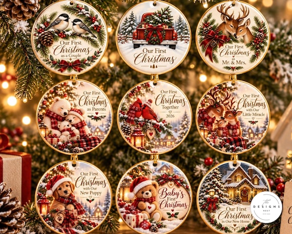 Set of 15 ornaments , Our first Christmas 2026 Ornament Designs,  Christmas Ornament PNG Bundle, first couple Ornaments, snowman Cardinal