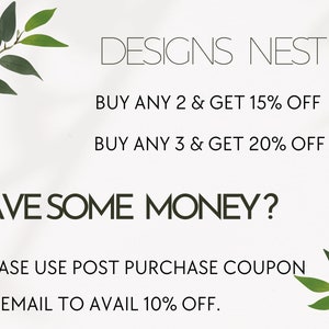 Puede incluir: Fondo blanco con el texto "DESIGNS NEST". El texto ofrece descuentos: Compra 2 y obt&eacute;n un 15% de descuento, Compra 3 y obt&eacute;n un 20% de descuento. El texto "SAVE SOME MONEY?" tambi&eacute;n est&aacute; presente. Hojas verdes en las esquinas.
