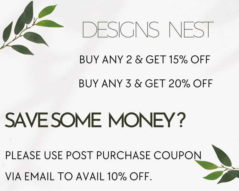Puede incluir: Fondo blanco con el texto "DESIGNS NEST". El texto ofrece descuentos: Compra 2 y obt&eacute;n un 15% de descuento, Compra 3 y obt&eacute;n un 20% de descuento. El texto "SAVE SOME MONEY?" tambi&eacute;n est&aacute; presente. Hojas verdes en las esquinas.
