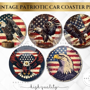 May include: Set of four round car coasters featuring a vintage American flag design with a bald eagle. The eagle is depicted in a variety of poses, including flying, perched, and looking forward. The coasters are perfect for adding a patriotic touch to any car.