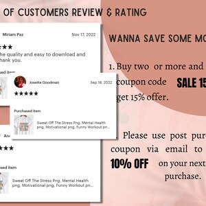 Puede incluir: Una captura de pantalla de un sitio web con rese&ntilde;as de clientes y una oferta de descuento. Las rese&ntilde;as son positivas y mencionan la calidad del producto. La oferta de descuento es del 15% al comprar dos o m&aacute;s art&iacute;culos y usar el c&oacute;digo SALE 15. Tambi&eacute;n hay una oferta del 10% de descuento en tu pr&oacute;xima compra cuando usas un cup&oacute;n despu&eacute;s de la compra.