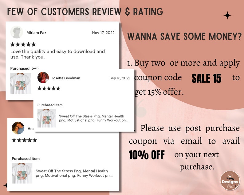 Puede incluir: Una captura de pantalla de un sitio web con rese&ntilde;as de clientes y una oferta de descuento. Las rese&ntilde;as son positivas y mencionan la calidad del producto. La oferta de descuento es del 15% al comprar dos o m&aacute;s art&iacute;culos y usar el c&oacute;digo SALE 15. Tambi&eacute;n hay una oferta del 10% de descuento en tu pr&oacute;xima compra cuando usas un cup&oacute;n despu&eacute;s de la compra.
