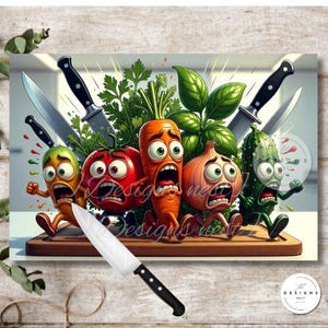May include: A humorous illustration of anthropomorphic vegetables, including a tomato, carrot, onion, and cucumber, with terrified expressions, running from knives. The image is set on a wooden cutting board, with a knife in the foreground.