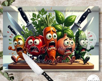 Tabla de cortar divertida por sublimación PNG / Decoración digital de cocina / Arte de cocina de verduras de dibujos animados / Diseño de tabla de cortar de vidrio / Digital