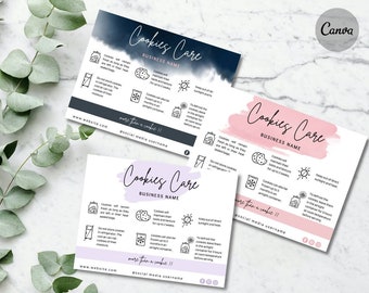 Editable Cookies Care Card, Printable Cookie Care Template, Blue Watercolor Bakery Care Guide, sugar cookie Care Instruction