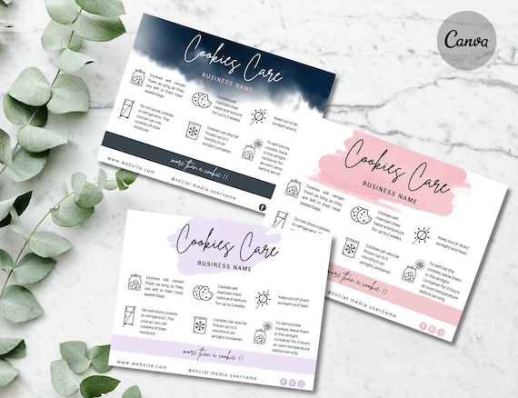 Editable Cookies Care Card, Printable Cookie Care Template, Blue Watercolor Bakery Care Guide, sugar cookie Care Instruction