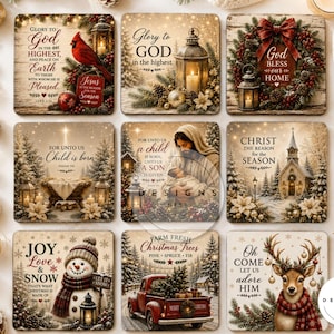 May include: A set of nine square coasters featuring Christmas-themed illustrations including a cardinal, a lantern, a wreath, a nativity scene, a church, a snowman, a red truck, and a deer, all decorated with festive greenery and religious text.