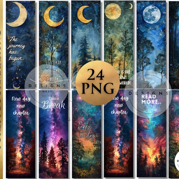 Fantasy Starry Night Forest Printable Bookmarks Bundle, Golden moon night bookmark, Galaxy bookmark, Commercial Use