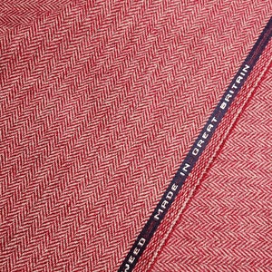 Candy Red Herringbone Tweed 100% Pure Wool Tweed Premium Selvedge Woolen Fabric Woven In England Free Woven Label With Purchase