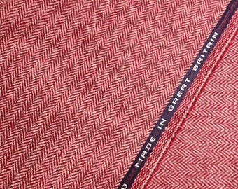 Candy Red Herringbone Tweed 100% Pure Wool Tweed Premium Selvedge Woolen Fabric Woven In England Free Woven Label With Purchase