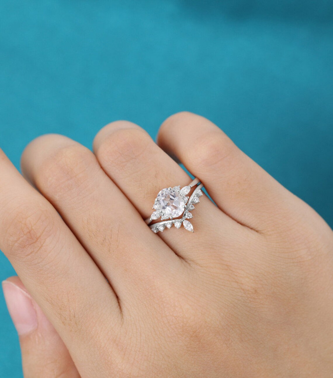 Oval White Sapphire Engagement Ring Set Unique Cluster White Etsy