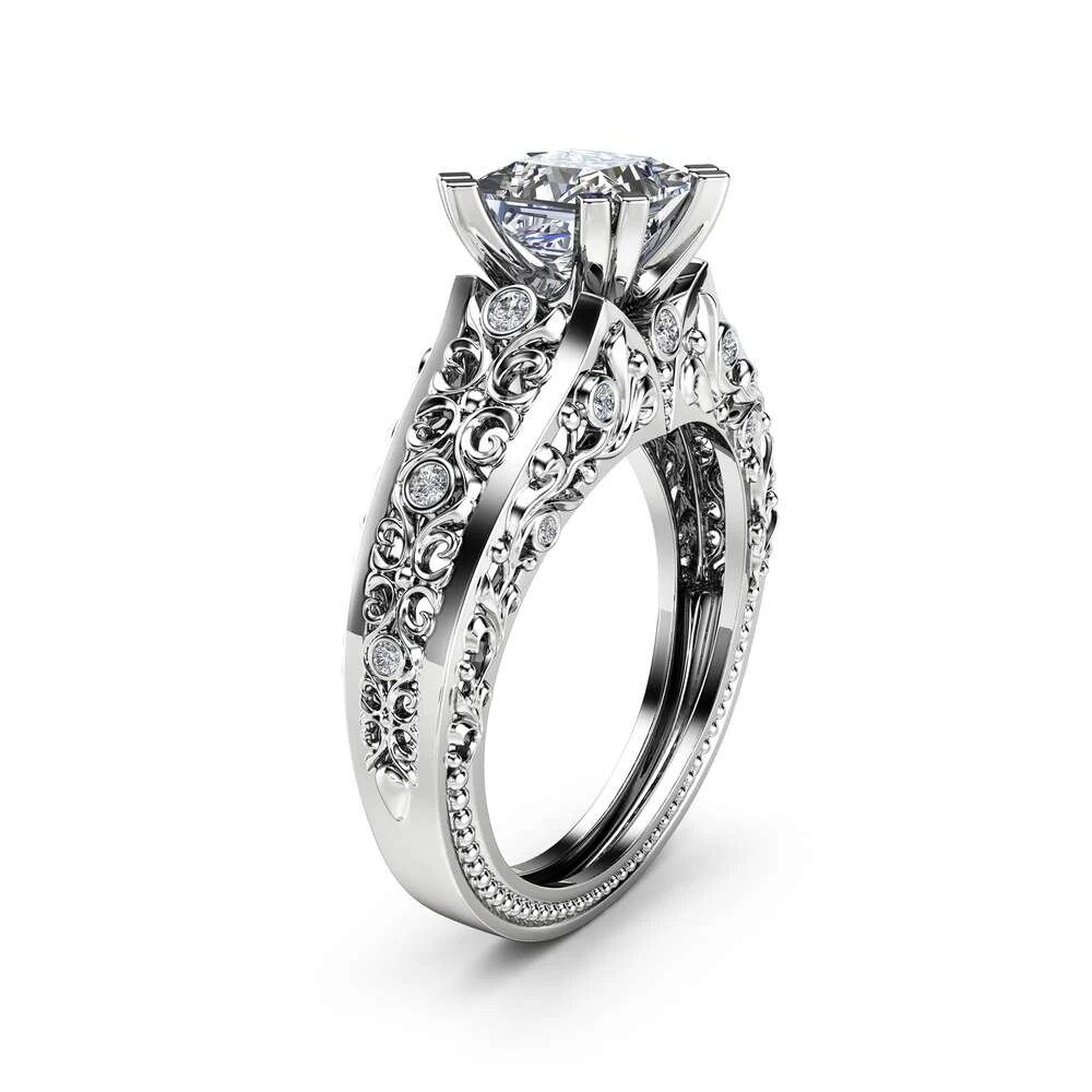Princess Cut Moissanite Engagement Ring Unique 14K White Gold - Etsy