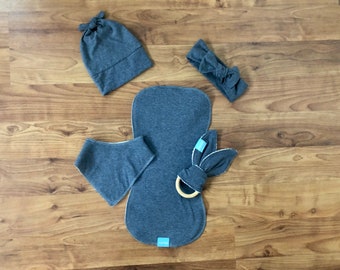 Handmade Baby Gift Set in Heather Gray Jersey Knit Fabric Swaddle Blanket Baby Bib Wood Teething Toy and Baby Hat or Headband Bow