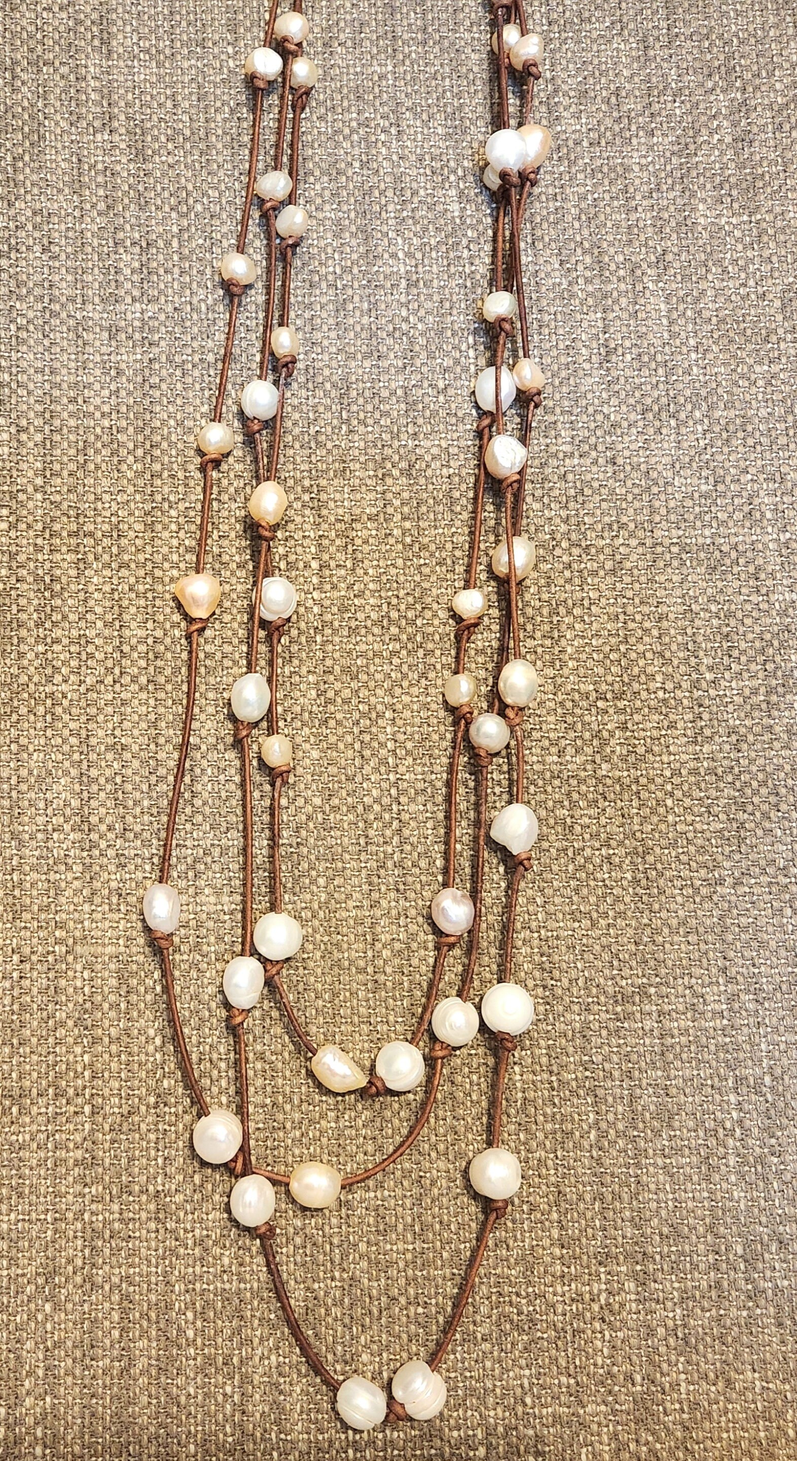 Three strand leather and freshwater pearl necklace