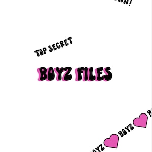 Puede incluir: Corazones rosas con el texto "BOY2" repetido sobre un fondo blanco. Los textos "TOP SECRET" y "BOY2 FILES" también están en el fondo. El texto "SHH!" está en la esquina superior derecha.