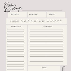 May include: A beige recipe template with sections for ingredients, directions, and notes. The top includes fields for prep time, cook time, and servings, along with a difficulty rating and review section. A whisk and oven mitt graphic are included.