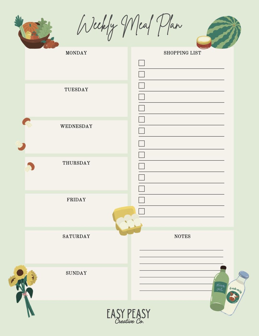 Weekly Meal Plan With Grocery List - Etsy