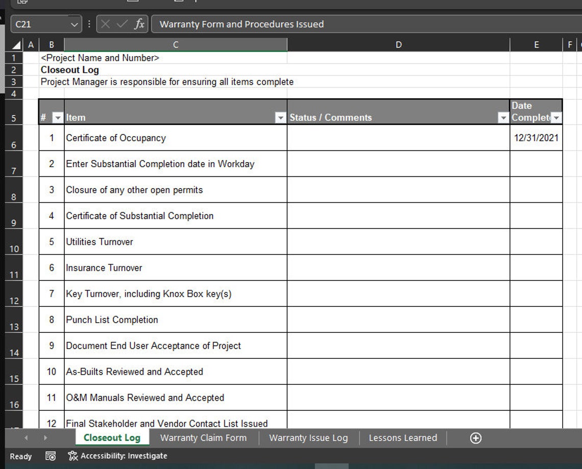 Construction Project Closeout Checklist and Warranty Template Etsy