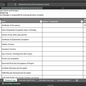 Construction Project Closeout Checklist and Warranty Template