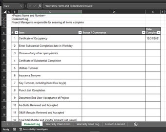 Construction Project Closeout Checklist and Warranty Template