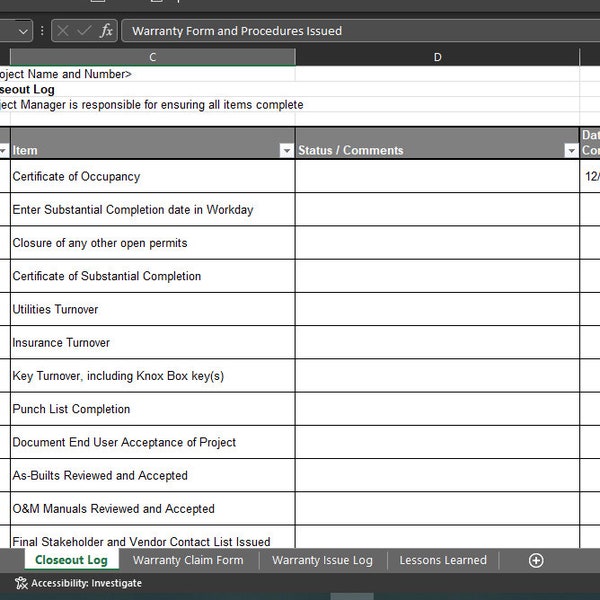 Construction Project Closeout Checklist and Warranty Template