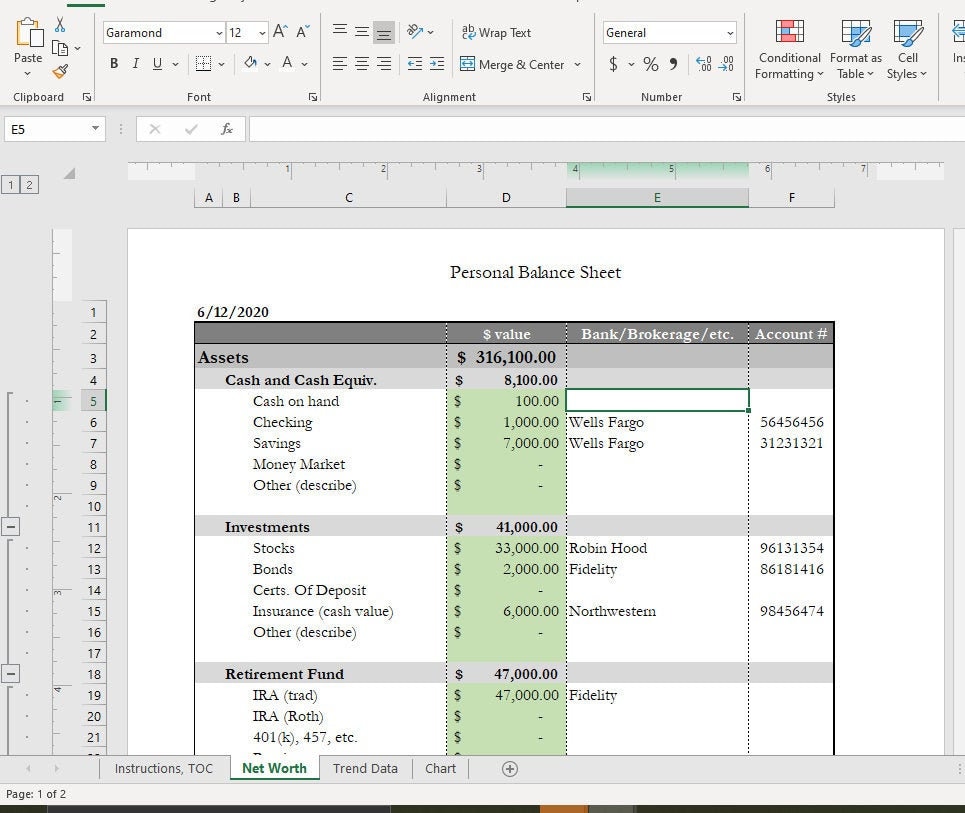 Personal Balance Sheet and Net Worth Statement - Etsy