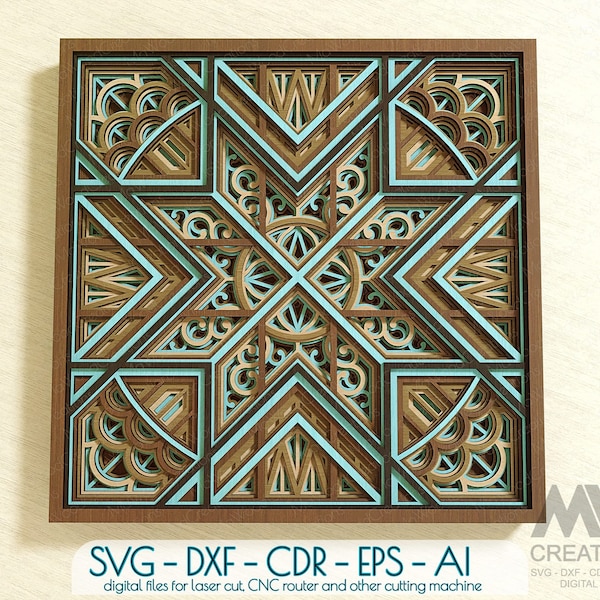 Laser cut Geometrical Wood Wall Art, Laser Cut Layer Mandala Svg Dxf cutting files, Geometric Mandala design, Quilt block Mandala - G06