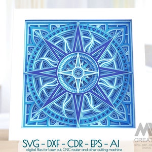 Ombre boîte boussole Mandala SVG Dxf, boussole Mandala Svg, couches boussole Svg, Cricut boussole 3d couche Svg, Wind Rose Mandala Shadow Box M194