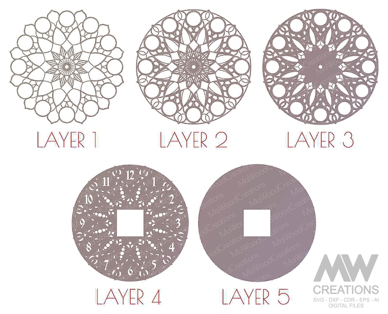 Laser Cut Mandala Clock Svg Dxf 5 Layer Clock Cut Files - Etsy