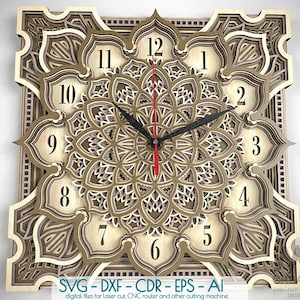 Orologio multistrato tagliato al laser Svg Dxf, Mandala Clock Svg, modello orologio 3d Svg, orologio SVG a strati, orologio a strati Svg 3d Glowforge - C36