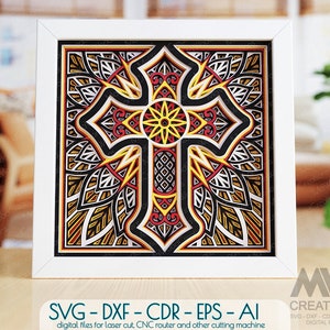 Shadowbox Mandala Cross, Christian Cross SVG, 3D SVG Cross, Laser cut Cross Dxf, Cricut Cross project , 3d Layered Glowforge Cross - Cr34a