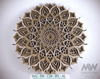 Könnte beinhalten: Ein mehrschichtiges Mandala-Wandkunstwerk aus Holz. Das Design zeigt komplizierte Blumenmuster in Beige-, Braun- und Weißtönen. Das Kunstwerk ist für Laserschneidemaschinen konzipiert. Der Text "SVG - DXF - CDR - EPS - AI" ist sichtbar.