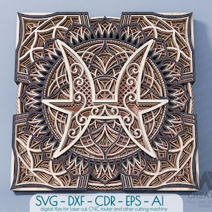 Fische Sternzeichen, Mehrschichtiges Fische Mandala, Laser Cut Fisch Sternzeichen Svg DXF, 3D Schicht Sternzeichen Mandala, Mehrschichtiges Fisch Mandala Svg