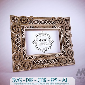 May include: A decorative, intricately designed, brown wooden photo frame with a 4x6 inch (10x15cm) opening. The frame has a detailed, ornate design with swirls and geometric patterns.