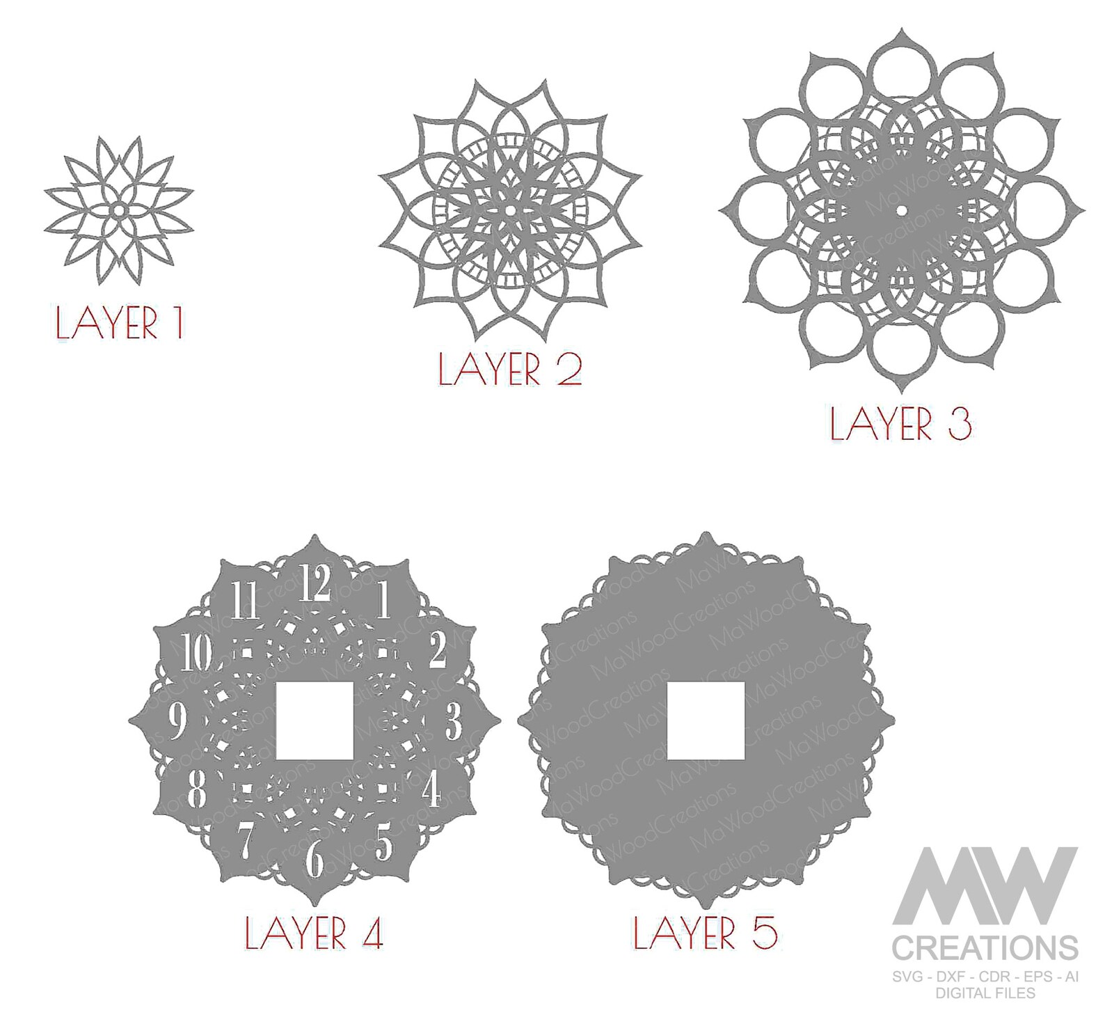 5 Layer SVG Clock Cut Files, Laser Cut Mandala Clock Svg Dxf, Multi ...