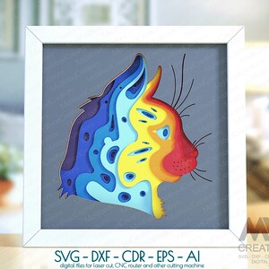 Shadow Box Cat SVG Dxf, 3d Svg Cat Head, Multilayer Cat 3d Svg papercut files, Layered Cat Mandala Shadow Box modèle pour Cricut