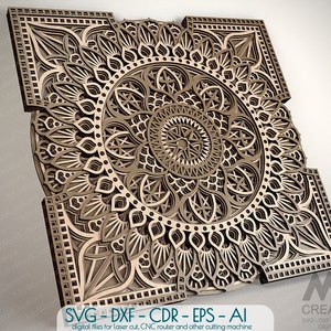 May include: A brown intricate laser cut mandala design with a square frame. The design is made up of multiple layers of geometric shapes and patterns. The mandala is a popular decorative element in many cultures.