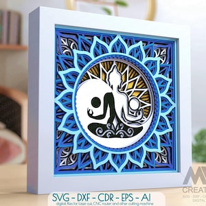 Yin Yang e Buda Mandala SVG, Mandala de Buda em camadas, arquivo de corte de mandala multicamadas, arquivos de corte de mandala Cricut para Shadow Box