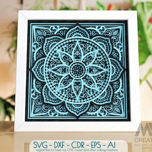 May include: A white frame with a blue and black mandala design inside. The mandala is intricate and detailed, with a repeating pattern of flowers and leaves. The frame is made of wood and has a white mat.