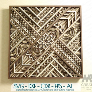レーザー カット多層マンダラ Svg Dxf、レーザー カット ジオメトリ マンダラ、Glowforge 3D マンダラ Svg、3D レイヤー マンダラ カッティング ファイル - G01