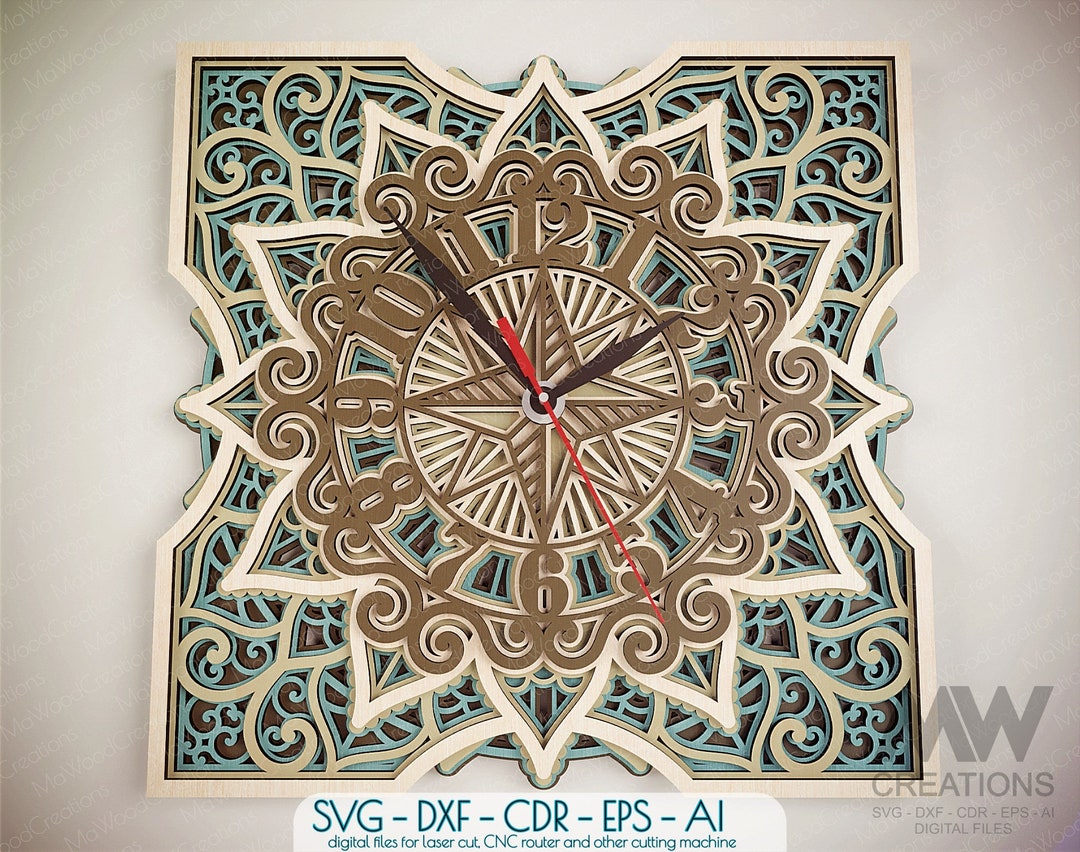 Laser Cut Compass Clock SVG Dxf, Compass Mandala Clock Svg, Mandala ...