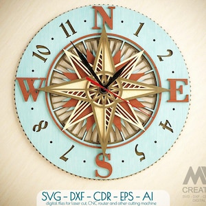 Taglio laser Bussola Orologio SVG Dxf, Bussola Mandala Orologio Svg, Mandala Orologio Svg, Orologio 3D Strato SVG, File di taglio orologio Glowforge - C54