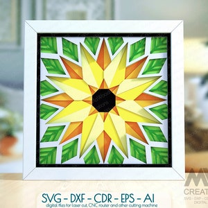 May include: A white frame with a colorful geometric design of a sunflower with green leaves. The design is layered and appears three-dimensional. The text "SVG-DXF-CDR - EPS - AI" is below the frame. The text "digital files for laser cut, CNC router and other cutting machine" is below the first line of text. The text "MW CREATIONS" is in the lower right corner of the image. The text "SVG-DXF-CDR-EPS-AI DIGITAL FILES" is below the text "MW CREATIONS".
