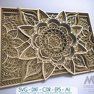 Puede incluir: Una obra de arte mandala de madera en capas con intrincados diseños florales y geométricos. La obra presenta múltiples capas en tonos marrones y negros, creando un efecto 3D. El texto en la parte inferior dice "SVG - DXF - CDR - EPS - AI".